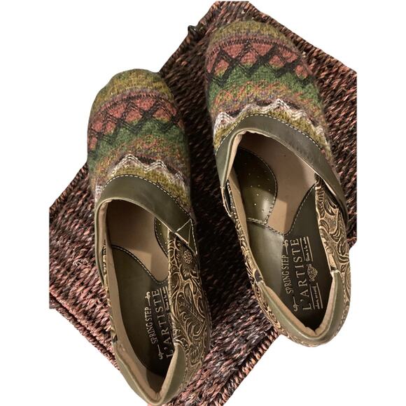 L'Artiste Zagabank Clog Size 9 Olive Multi Leather & Woven Textile Slip On Boho - Picture 2 of 9